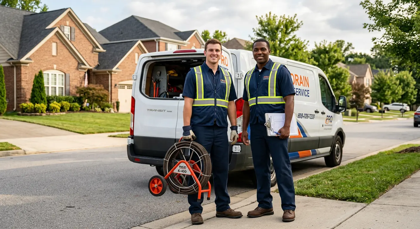 Sewer and drain service team with equipment ready for work in Alfred