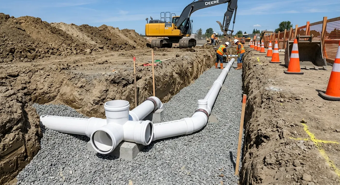 New PVC sewer pipe installation in open trench for Commercial Drain Cleaning in Alfred