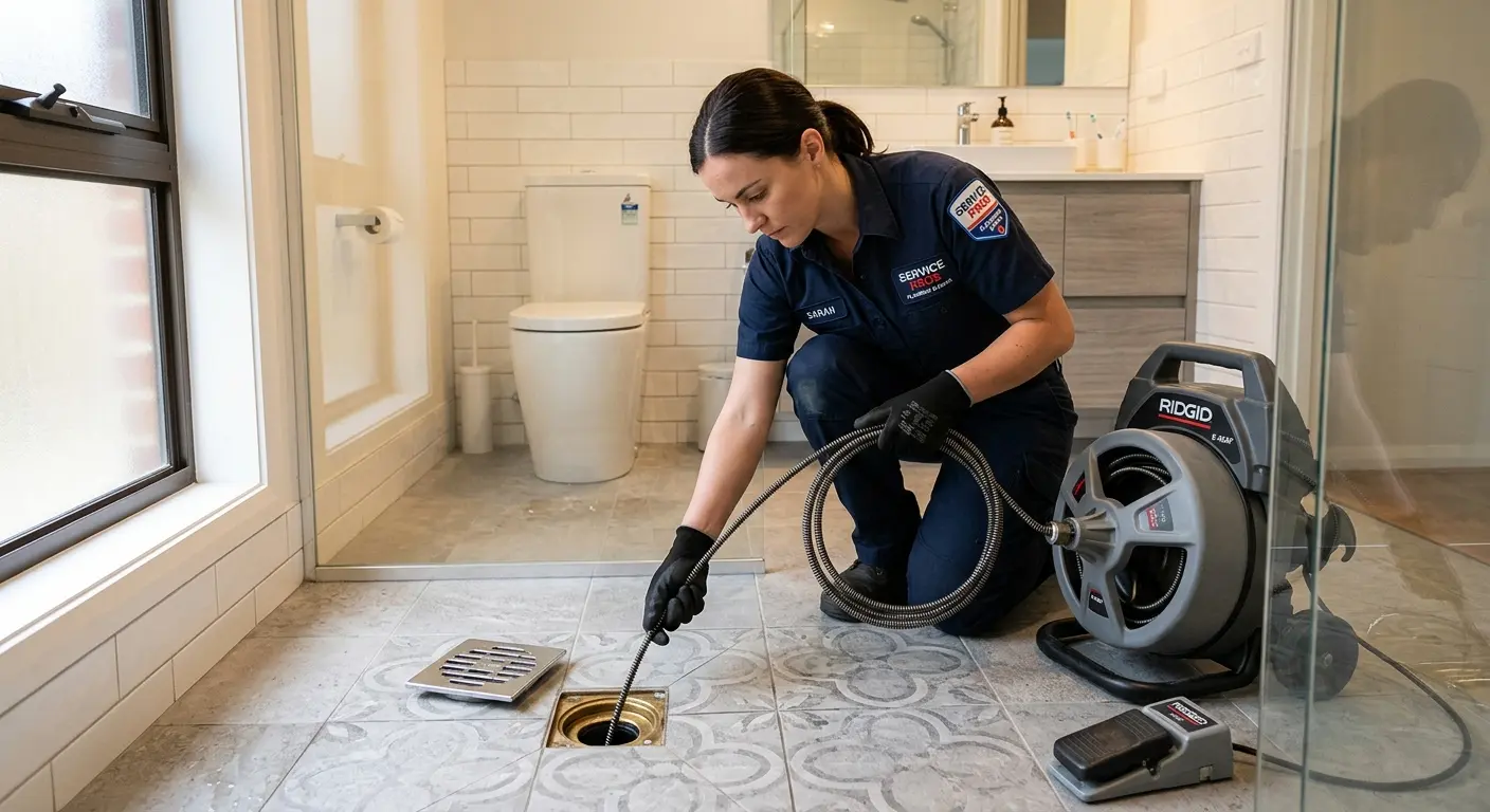 Technician clearing a bathroom floor drain for Clogged Drain Repair in Alfred